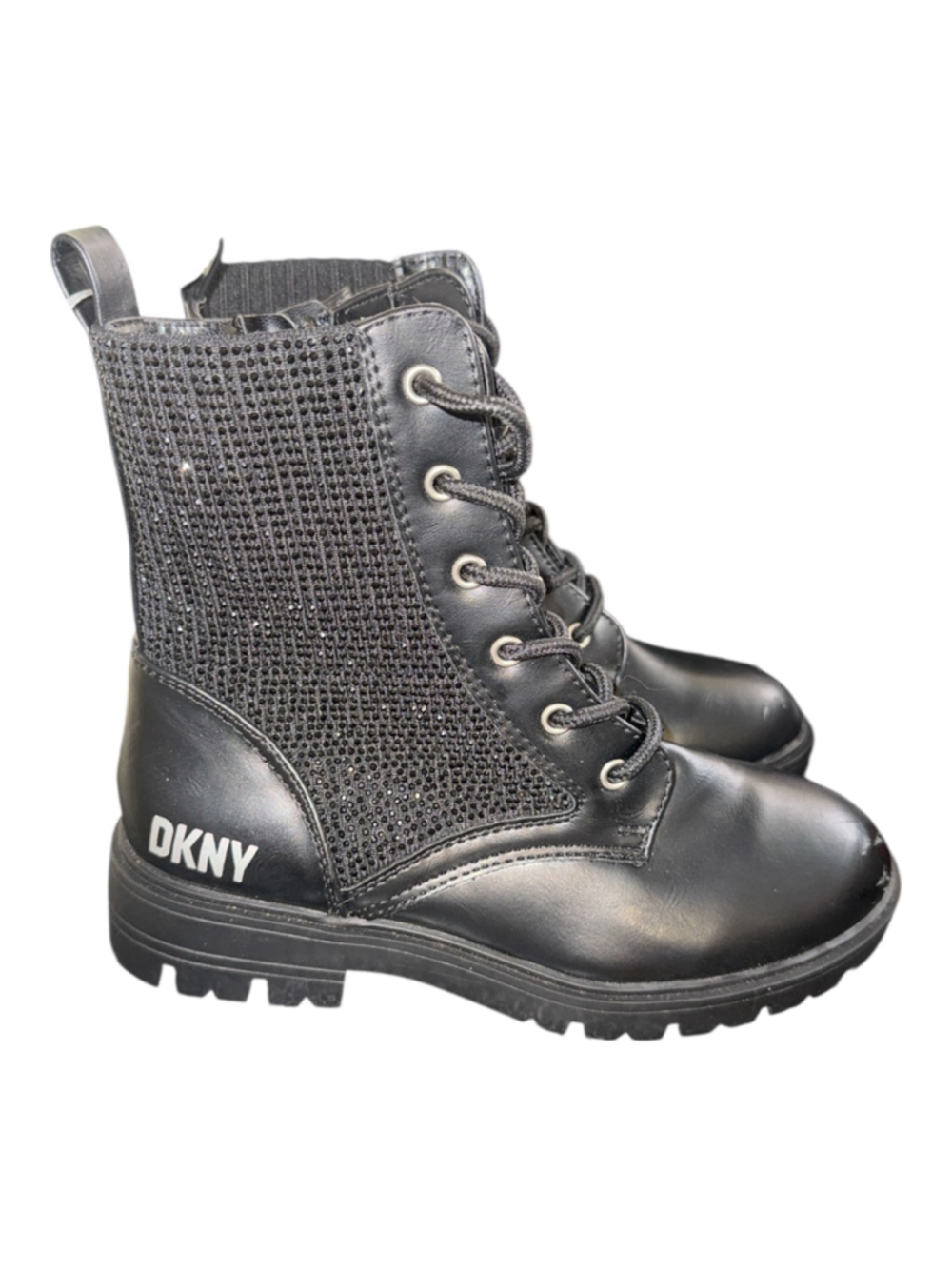 DKNY Black Faux Leather Crystalu Side Zip Combat Boots Youth Girls Size 2